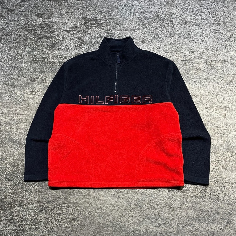 Vintage Tommy Hilfiger Fleece 1/4 Zip Sweater Navy Blue Red Casual Logo Spellout